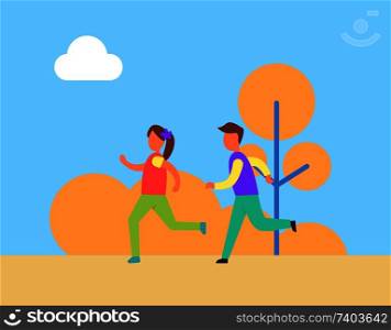 Children running, boy and girl jogging on road. Kids keeping fit, doing exercises and training together. Athlete lifestyle of family in motion vector. Children Boy Girl Jogging Vector Illustration
