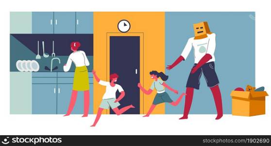 Children running from daddy playing with them. Mother washing dishes in kitchen. Family evening spent by mom and dad. Fatherhood and childhood of personages at home together. Vector in flat style. Parents and kids in kitchen playing with father