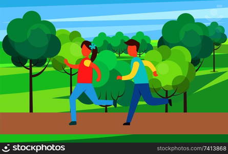 Children running in park set, vector cartoon icon. Boy and girl jogging on road among trees and greens, playing games and training sport theme badges. Children Running in Park Set, Vector Cartoon Icon