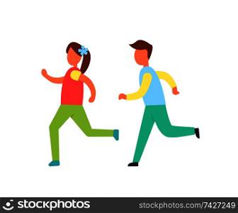 Children running one by another vector badge. Girl and boy shapes in sportswear playing together, flat catching-up kids silhouettes, cartoon style. Children Running One by Another Vector Badge.