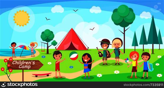 Children s camp poster depicting kids having fun. Vector illustration of boys and girls playing, sunbathing and enjoying themselves. Children s Camp Poster Depicing Kids Having Fun