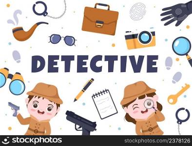 Children’s Cartoon Private Investigator or Detective Who Collects Information to Solve Crimes with Equipment such as Magnifying Glass and Other in Background Illustration