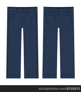 Children’s classical jeans technical sketch. Dark blue color. Denim casual clothes. Front and back. CAD fashion vector illustration. Children’s classical jeans technical sketch. Dark blue color.