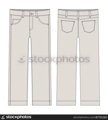 Children’s classical jeans technical sketch. Light gray color. Denim casual clothes. Front and back. CAD fashion vector illustration. Children’s classical jeans technical sketch. Light gray color. Denim casual clothes.
