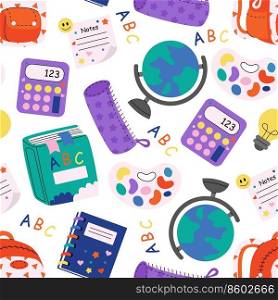 Children's cute colourful stationery pattern. School supplies background. Backpack, calculator, book, globe, pencils case. Back to school. For wallpapers, textile, fabric, web banner, wrapping paper.