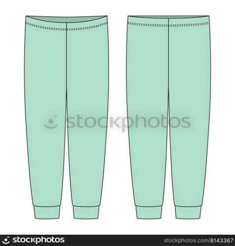 Children’s pants technical sketch. Mint color. Kids home wear trousers design template isolated. Front and back view. CAD fashion vector illustration. Children’s pants technical sketch. Mint color. Kids home wear trousers design template