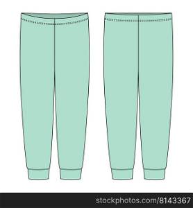 Children’s pants technical sketch. Mint color. Kids home wear trousers design template isolated. Front and back view. CAD fashion vector illustration. Children’s pants technical sketch. Mint color. Kids home wear trousers design template