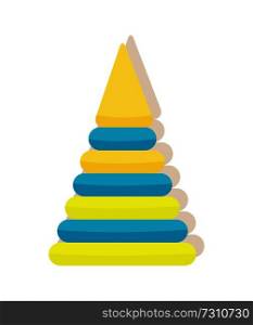 Children s pyramid toy for baby play in yellow and blue colors vector constructor isolated on white. Plastic object for kids fun in cartoon design. Children s Pyramid First Toy for Baby Play Vector