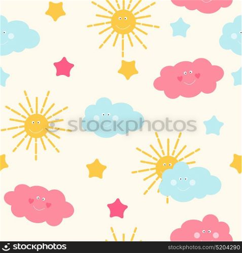 Children s Seamless Pattern Background with Sun, Cloud and Stars Vector Illustration EPS10. Children s Seamless Pattern Background with Sun, Cloud and Stars Vector Illustration