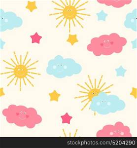 Children s Seamless Pattern Background with Sun, Cloud and Stars Vector Illustration EPS10. Children s Seamless Pattern Background with Sun, Cloud and Stars Vector Illustration