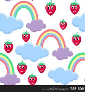 Children s seamless pattern with strawberries and rainbows, vector illustration. Character berry on a background of rainbow and clouds. Cute background for baby wallpaper and packaging.. Children s seamless pattern with strawberries and rainbows, vector illustration.