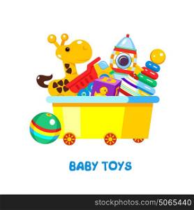Children's toys in a box. Vector illustration, isolated on white background. In box giraffe, pyramid, rocket, truck, dice, ball, top.