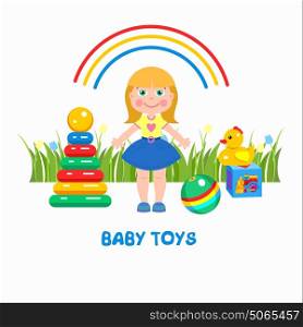 Children's toys. Vector illustration. A girl, a pyramid, a ball, a duck and a cube.
