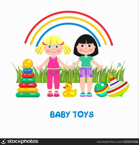 Children's toys. Vector illustration. Girl, ball, duck, pyramid, cubes and peg-top.