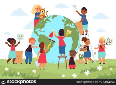 Children save planet. Globalization, globe earth environment protect. Kids eco hero, organic lifestyle and saving plants and animals, decent vector concept. Illustration of keep globe earth. Children save planet. Globalization, globe earth environment protect. Kids eco hero, organic lifestyle and saving plants and animals, decent vector concept