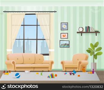 Children Scattered Toys in Messy Empty Living Room. Baby made Chaos in Home Interior. Playful Kid Untidy Disorder Hause Space. Muddy Indoor Design. Flat Cartoon Vector Illustration. Children Scattered Toys in Messy Empty Living Room