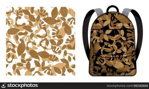 Children school backpack decorated black silhouettes of ash leaves seamless pattern. Autumn fallen leaves of ash tree. Vector ornament for design of posters and printing on textile