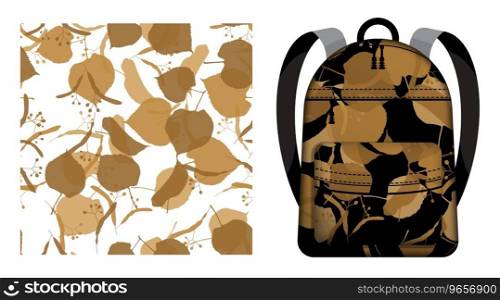 Children school backpack decorated brown silhouettes of linden tree leaves seamless pattern. Autumn fallen leaves of ash tree. Vector ornament for design of posters and printing on textile
