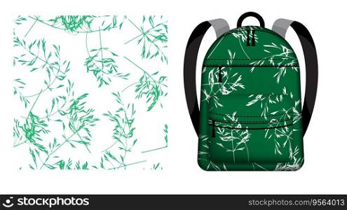 Children school backpack decorated cereal grass leaves silhouettes seamless pattern. Autumn field grass floral ornate. Vector ornament for design of posters and printing on textile