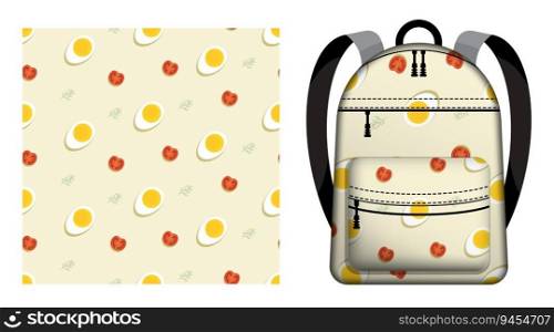 Children school backpack decorated seamless pattern with boiled egg, tomato and dill. Healthy breakfast. Vector ornament for design of posters and printing on textile