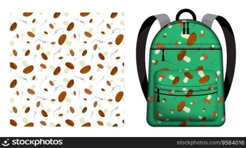 Children school backpack decorated seamless pattern with edible mushrooms and spicy twigs. Vegetarian restaurant menu. Vector ornament for design of posters and printing on textile