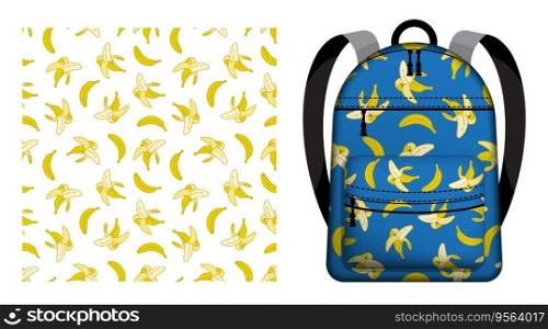Children school backpack decorated seamless pattern with peeled sweet ripe bananas. Harvesting tropical fruits. Vector ornament for design of posters and printing on textile