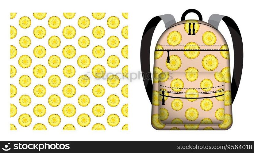 Children school backpack decorated seamless pattern with pineapple circle. Harvesting tropical fruits. Vector ornament for design of posters and printing on textile