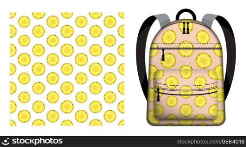 Children school backpack decorated seamless pattern with pineapple circle. Harvesting tropical fruits. Vector ornament for design of posters and printing on textile