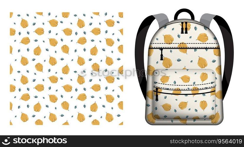 Children school backpack decorated seamless pattern with quince fruit whole and leaves. Exotic fruit party. Vector ornament for design of posters and printing on textile