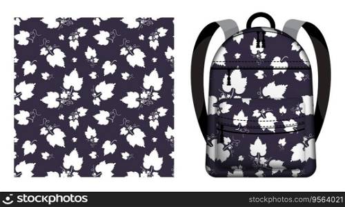 Children school backpack decorated seamless pattern with white leaves and tendrils. Vector ornament for design of posters and printing on textile