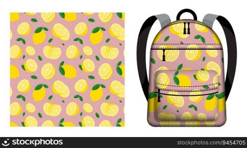 Children school backpack decorated seamless pattern with whole lemon with piece of citrus. Lemon with chopped zest and leaves. Vector ornament for design of posters and printing on textile