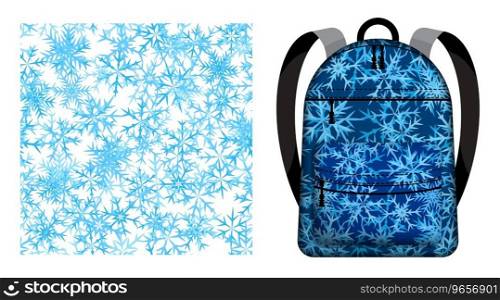 Children school backpack decorated winter snowflakes. Six pointed fluffy snowflakes symbol of winter weather and festive mood. Vector ornament for design of posters and printing on textile