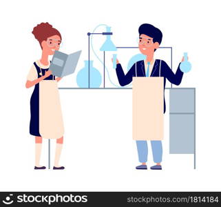 Children science. Chemistry scientific experiment, kids lab with equipment. Isolated school smart boy girl vector characters. Illustration experiment in school laboratory. Children science. Chemistry scientific experiment, kids lab with equipment. Isolated school smart boy girl vector characters