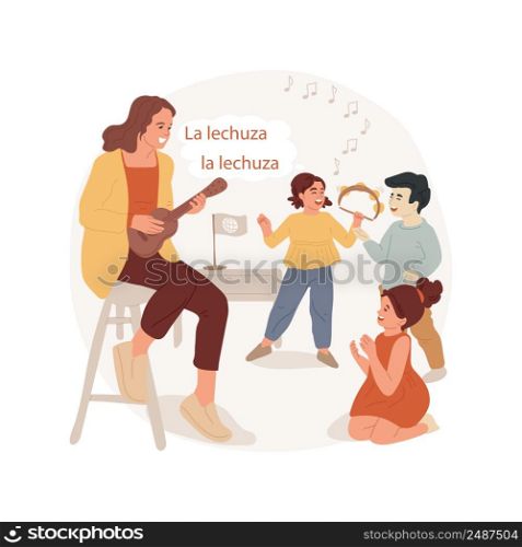 Children sing in foreign language isolated cartoon vector illustration. Learning words of song, children listen music, singing in foreign language, immersion language program vector cartoon.. Children sing in foreign language isolated cartoon vector illustration.
