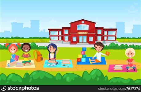 Children sitting on blankets vector, school elementary institution, kindergarten for kids. Boy and girls playing with cubes, education and development. Back to school concept. Flat cartoon. Education in School, Kindergarten Kids on Lawn