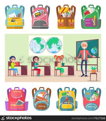 Children sitting on geography lesson at school. Teacher explainind educational material to pupils using globe and hemispheres map vector. Sey of backpaks. Back to school concept. Flat cartoon. Pupils Strudy Geography with World Map and Globe