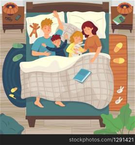 Children sleep in parents bed. Co-sleeping with child. Dad, mom and kids sleep together, asleep young boy and girl vector illustration. Family sleep together in bed, mother and father with kids. Children sleep in parents bed. Co-sleeping with child. Dad, mom and kids sleep together, asleep young boy and girl vector illustration