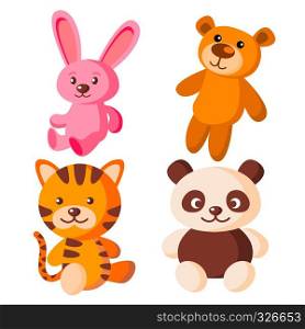 Children Soft Toys Vector. Bear, Tiger, Hare, Panda Flat Cartoon Illustration. Children Soft Toys Vector. Bear, Tiger, Hare, Panda. Isolated Flat Cartoon Illustration