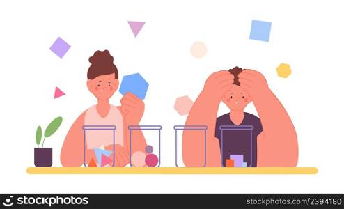 Children sorting geometric figures. Kids on logic lesson, choose right solution. Multitasking concept. Cartoon boy and girl thinking, working together, vector Illustration of education preschool. Children sorting geometric figures. Kids on logic lesson, choose right solution. Multitasking concept. Cartoon boy and girl thinking, working together, vector scene