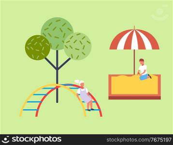 Children spending time at playground. Kids have fun, recreation outdoors at summer. Boy playing with sand in sandbox under umbrella. Girl with ponytail climbing at arch ladder. Playing kid s in park. Kids have fun, recreation outdoors at summer, boy playing with sand in sandbox under umbrella