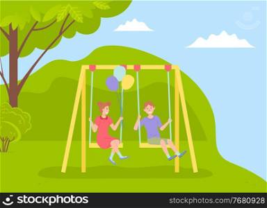 Children spending time at playground, kindergarten, kids have fun, recreation, girl with air balloons and boy rest relax on swing, little children, friends, playtime, summertime, nature outdoors. Children spending time at playground, kindergarten, kids have fun, girl with air balloons and boy