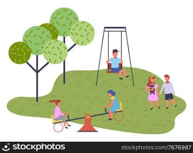 Children spending time at playground, kindergarten. Kids have fun, recreation outdoors at summer. Boy rest on swing. Two girls friends at up-and-down carousel. Boy and girl holding hands, walking. Boy and girl holding hands, walking, boy rest on swing, girls friends at up-and-down carousel