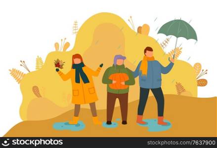 Children spending time outdoors vector. Boys and girl playing with dry leaves, kids holding umbrella. Downpour in park in autumn, forest with bushes and puddles on ground flat style illustration. Rain in Autumn, Kids Playing with Leaves Outdoors