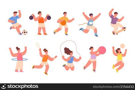 Children sport activities. Kids sporting playing, hoop training. Child different activities, play soccer. Cartoon jumping vector characters. Illustration of boy and girl activity, football and tennis. Children sport activities. Kids sporting playing, hoop training. Child different activities, play soccer. Little champion, cartoon jumping utter vector characters