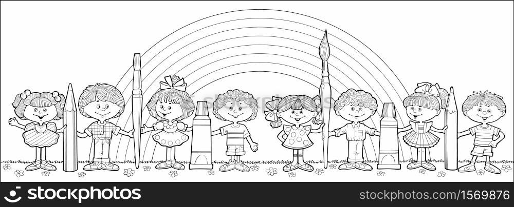Children stand in a row and hold brushes and pencils On the background of the rainbow. Hand drawn vector cartoon illustration. Children hold brushes and pencils