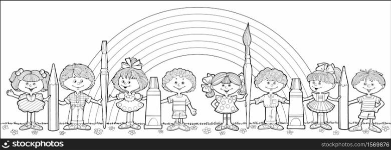 Children stand in a row and hold brushes and pencils On the background of the rainbow. Hand drawn vector cartoon illustration. Children hold brushes and pencils