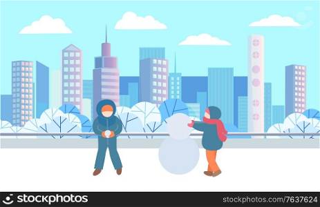 Children standing and playing together in winter urban park. Kids sculpting snowman from three different sized snowballs. Beautiful snowy landscape on background. Vector illustration in flat style. Children Sculpting Snowman in Winter City Park