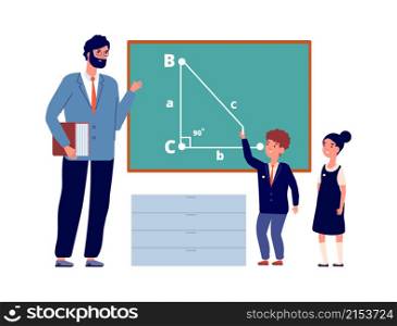 Children study in school. Kids lesson with teacher, cartoon boy girl standing at chalkboard in classroom. Education flat vector characters, clever teenagers. Illustration students education at school. Children study in school. Kids lesson with teacher, cartoon boy girl in uniform standing at chalkboard in classroom. Education flat vector characters, clever teenagers