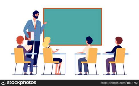 Children study with teacher. School inclusion study, kids discuss in classroom. Girl boy sitting and learning, education vector illustration. Teacher education at lesson in classroom. Children study with teacher. School inclusion study, kids discuss in classroom. Girl boy sitting and learning, education vector illustration