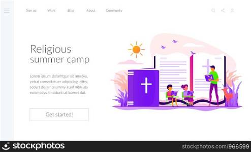 Children studying christianity. Teacher and kids in christian camp reading bible. Religious summer camp, faith based camp, religious education concept. Website homepage header landing web page template.. Religious summer camp landing page template